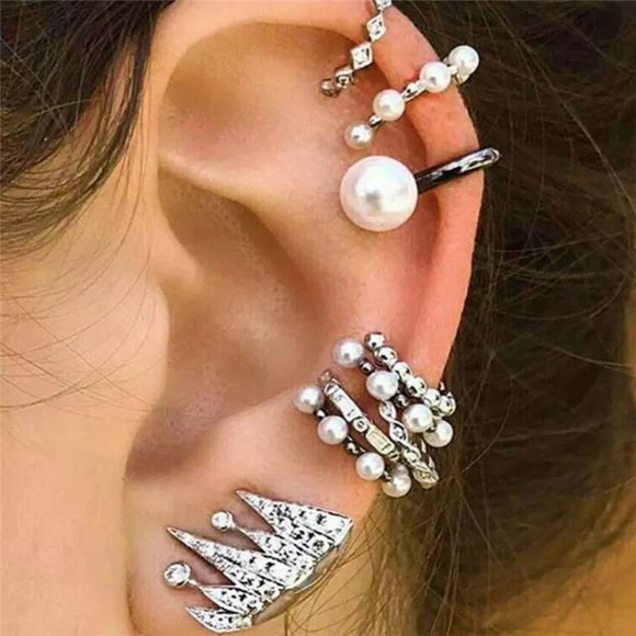 Ear Cuff Rhinestone & Pearl Bohemian Earring 2 Set - Picture 1 of 4
